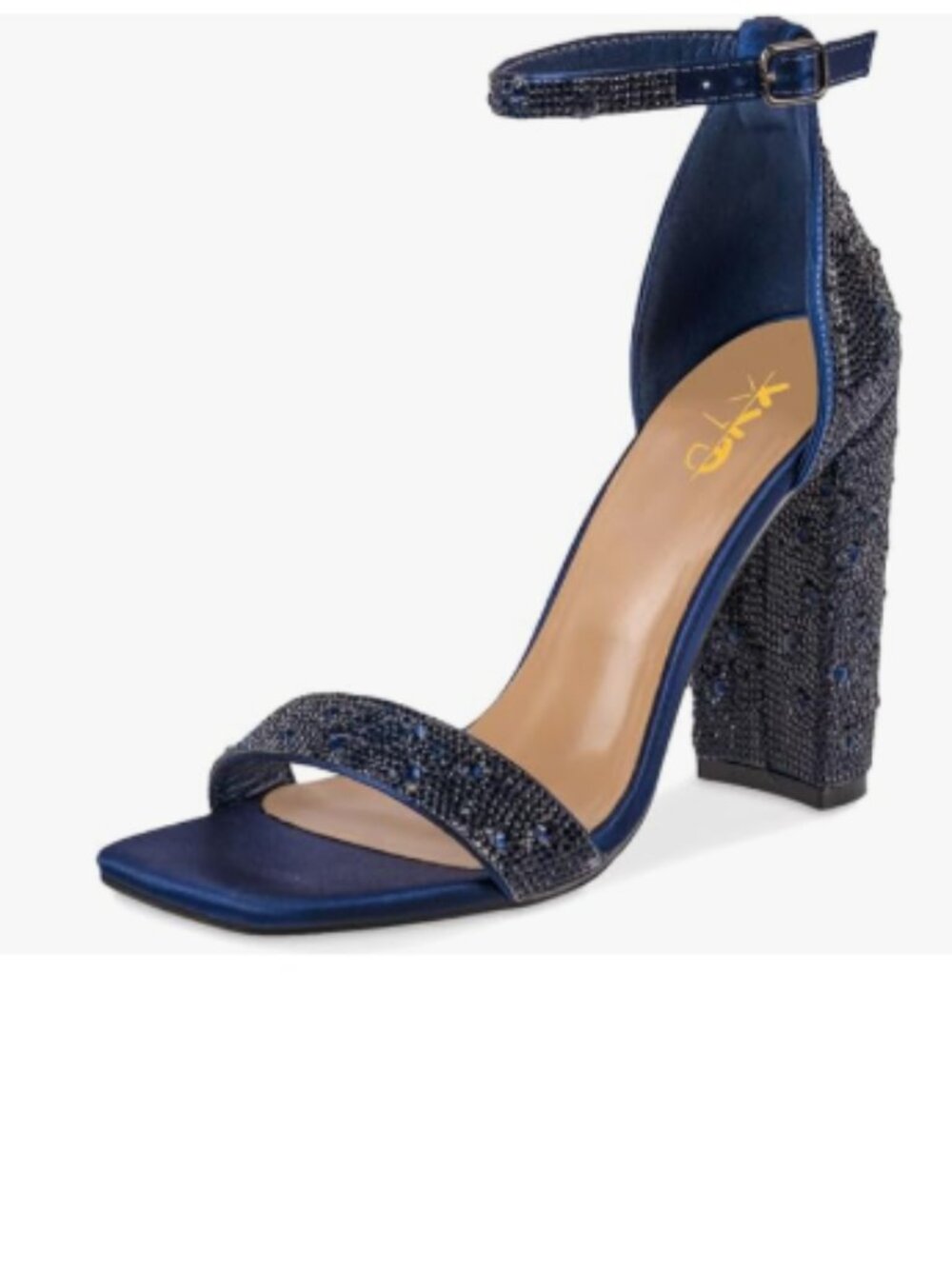 XYD Navy Square Open Toe Studded Rhinestone High Block Heel Bejeweled Sandal